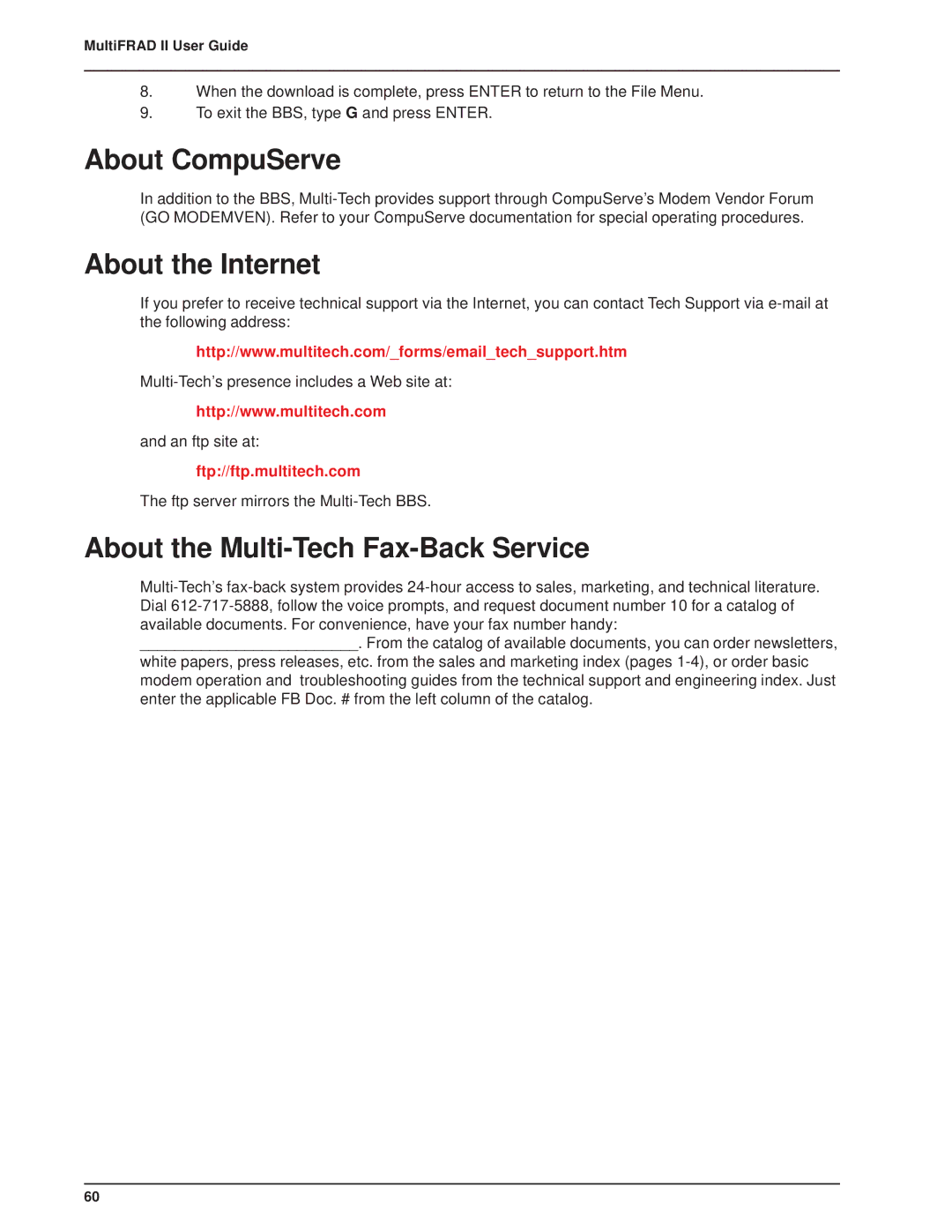 Multi-Tech Systems FR2201 manual About CompuServe, About the Internet, About the Multi-Tech Fax-Back Service 