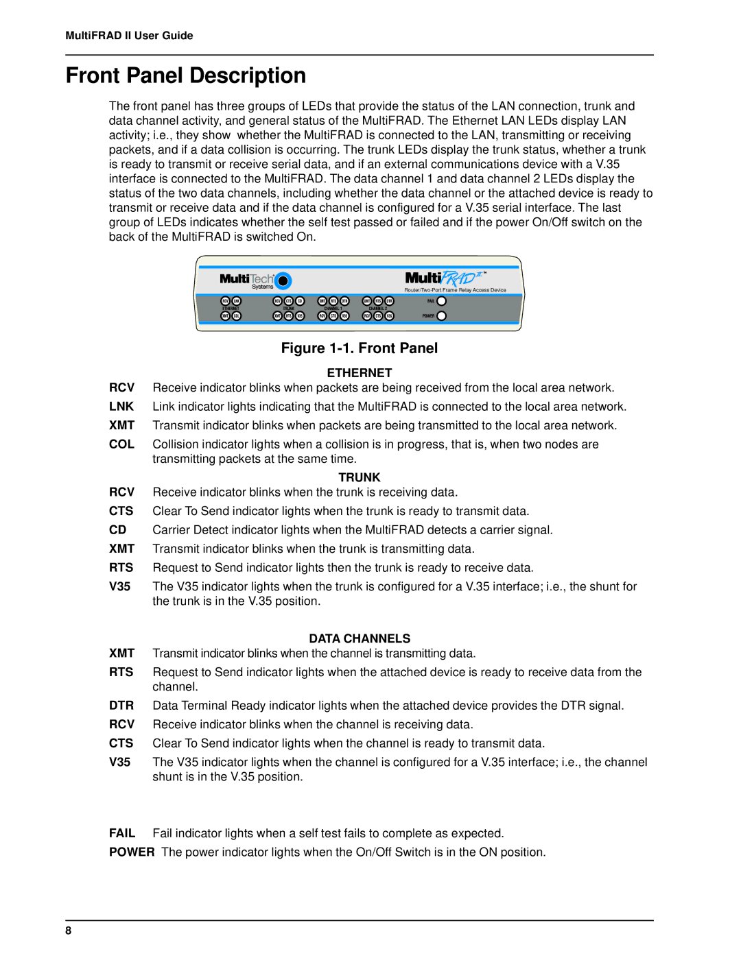 Multi-Tech Systems FR2201 manual Front Panel Description, Ethernet 