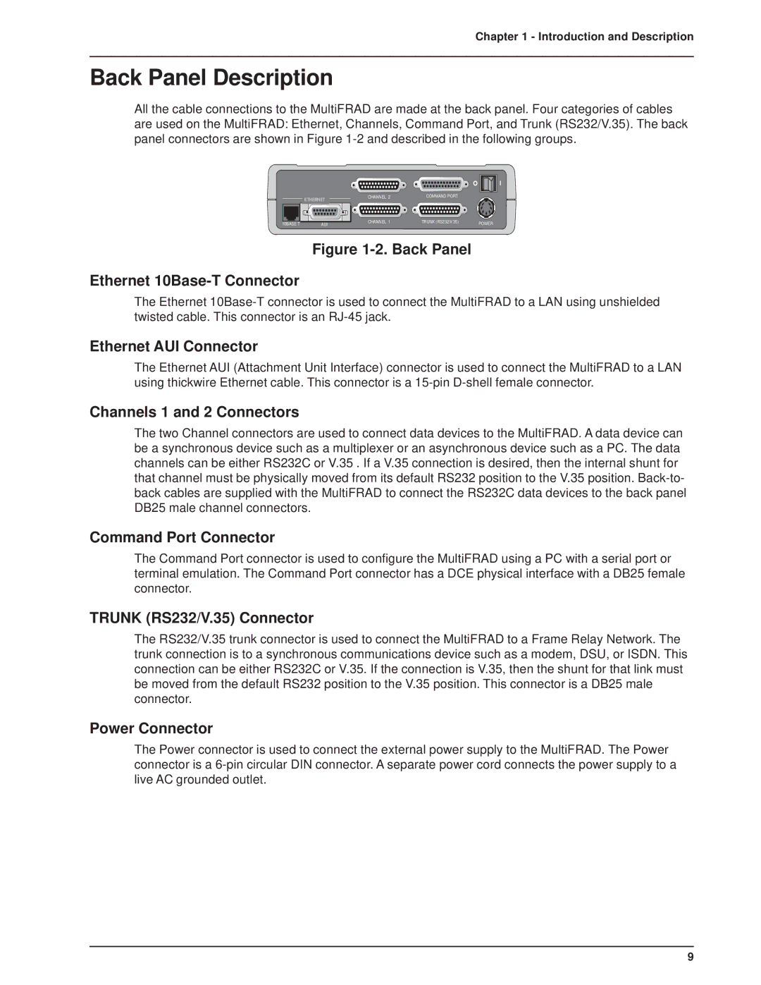 Multi-Tech Systems FR2201 manual Back Panel Description, Ethernet AUI Connector 