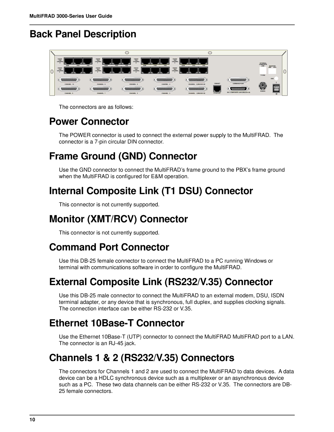 Multi-Tech Systems FR3060 Back Panel Description, Power Connector, Frame Ground GND Connector, Monitor XMT/RCV Connector 