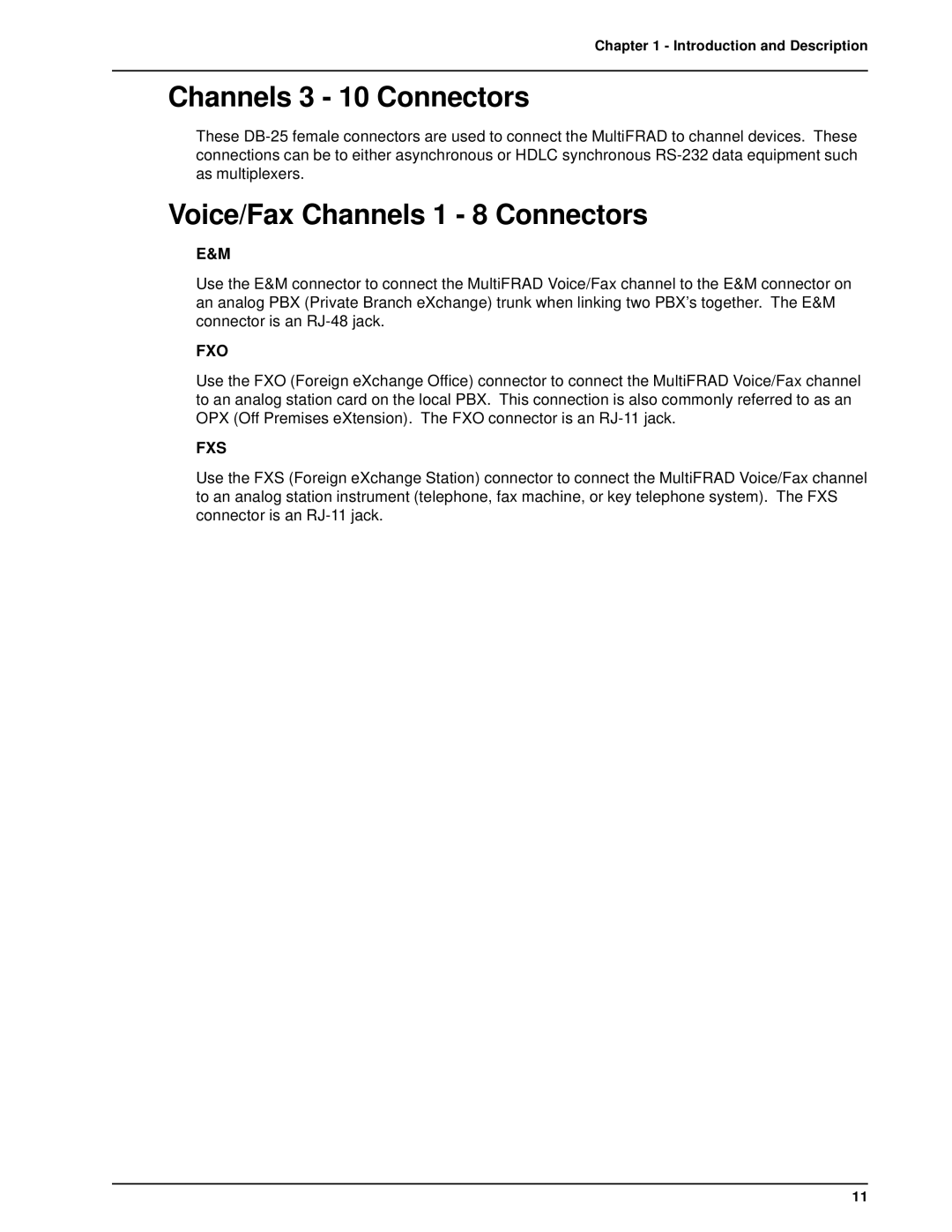 Multi-Tech Systems FR3100, FR3060 manual Channels 3 10 Connectors, Voice/Fax Channels 1 8 Connectors 