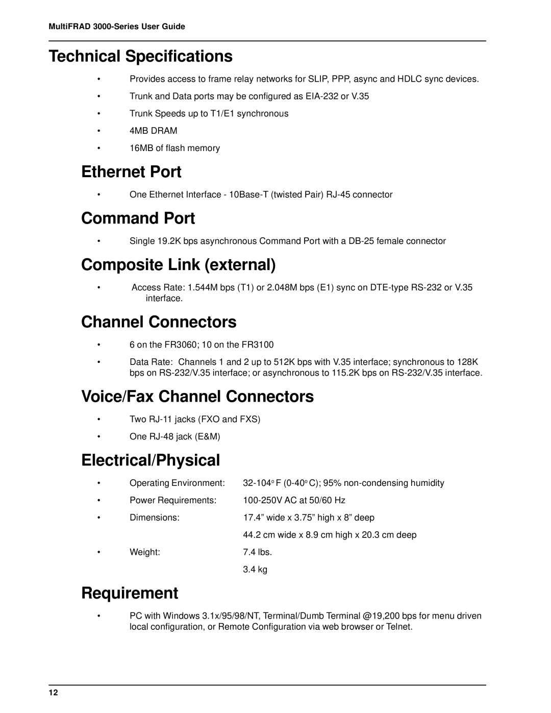 Multi-Tech Systems FR3060 Technical Specifications, Ethernet Port, Command Port, Composite Link external, Requirement 