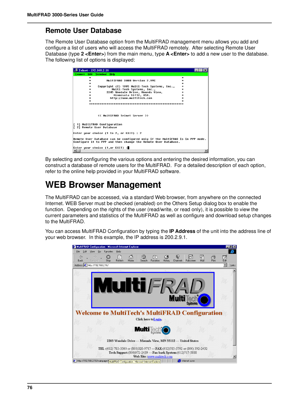 Multi-Tech Systems FR3060, FR3100 manual WEB Browser Management, Remote User Database 