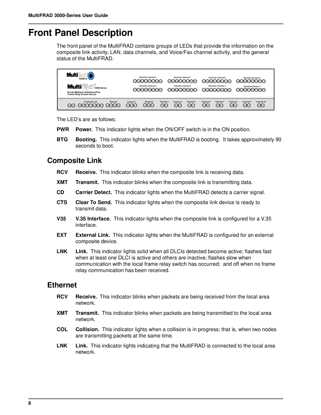 Multi-Tech Systems FR3060, FR3100 manual Front Panel Description, Composite Link, Ethernet 