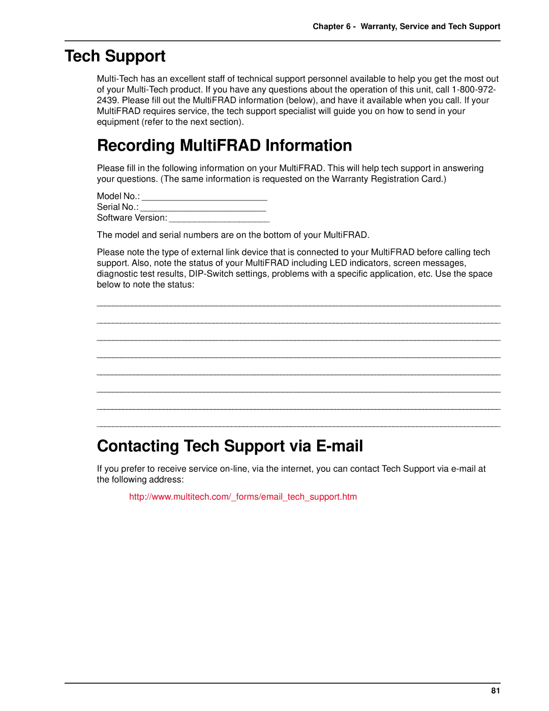 Multi-Tech Systems FR3100, FR3060 manual Recording MultiFRAD Information, Contacting Tech Support via E-mail 