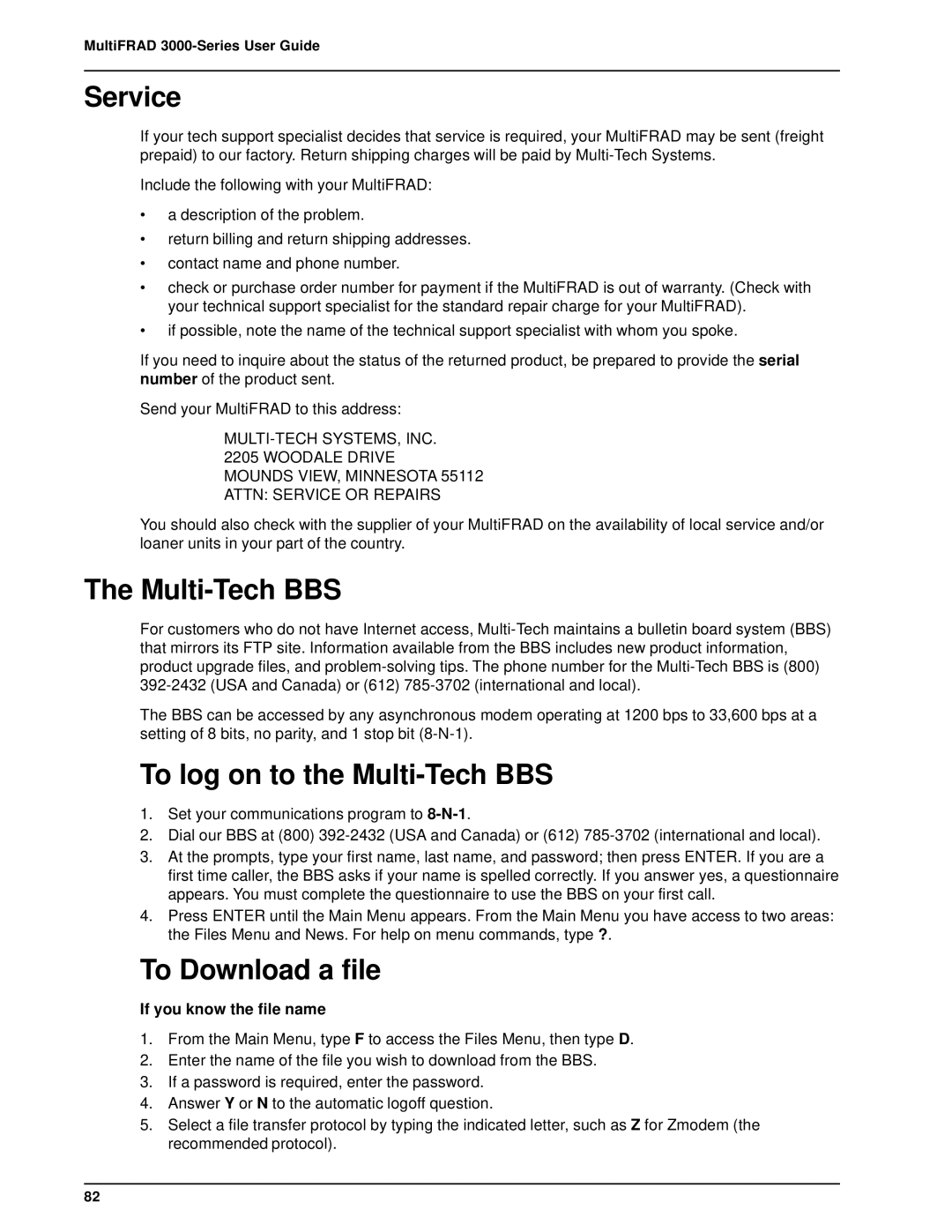 Multi-Tech Systems FR3060, FR3100 manual Service, To log on to the Multi-Tech BBS, To Download a file 