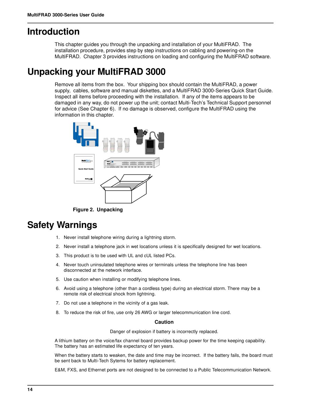 Multi-Tech Systems FR3060, FR3100, FR3060/V4, FR3060/V8, FR3100/V4, FR3100/V8 Unpacking your MultiFRAD, Safety Warnings 