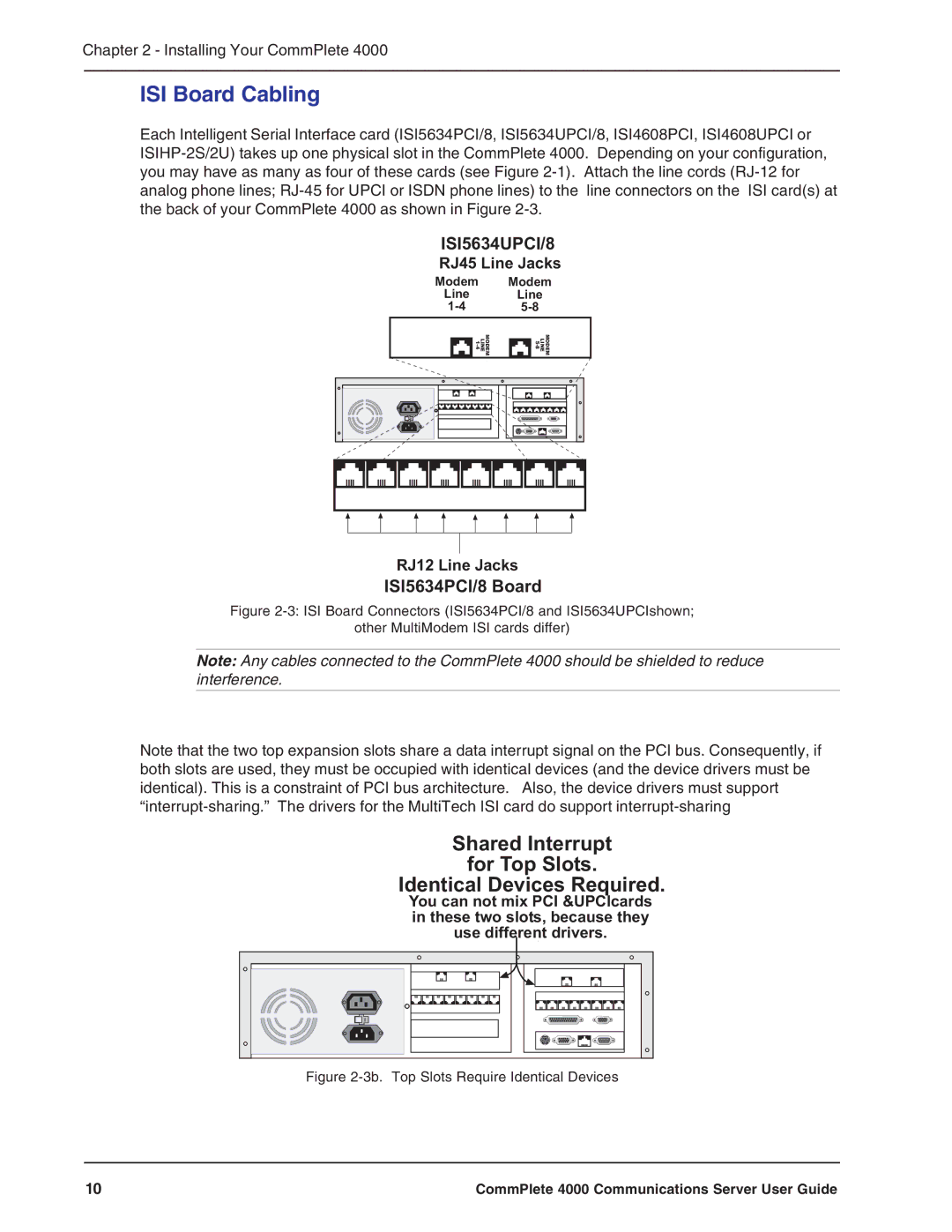 Multi-Tech Systems Hub manual ISI Board Cabling, Shared Interrupt For Top Slots Identical Devices Required 