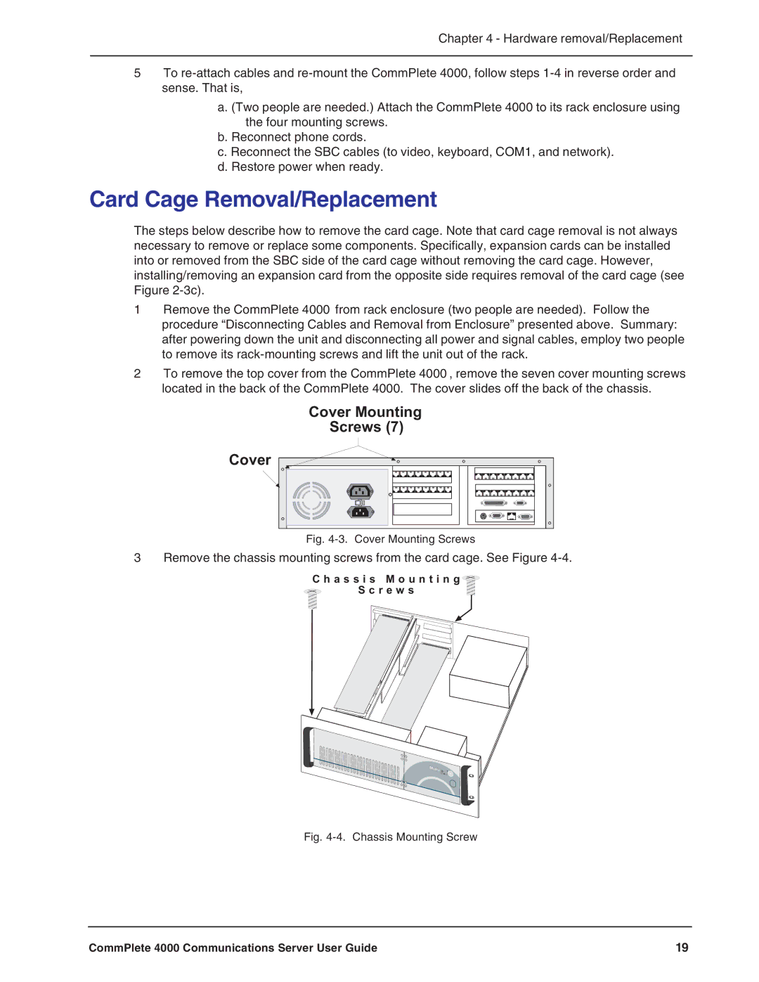 Multi-Tech Systems Hub manual Card Cage Removal/Replacement, Cover Mounting Screws 