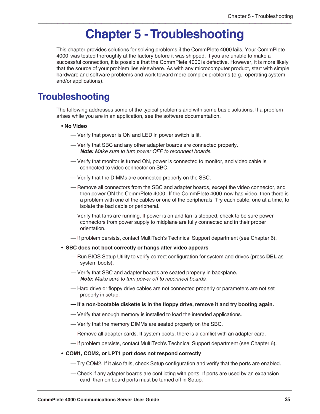 Multi-Tech Systems Hub manual Troubleshooting, No Video, SBC does not boot correctly or hangs after video appears 