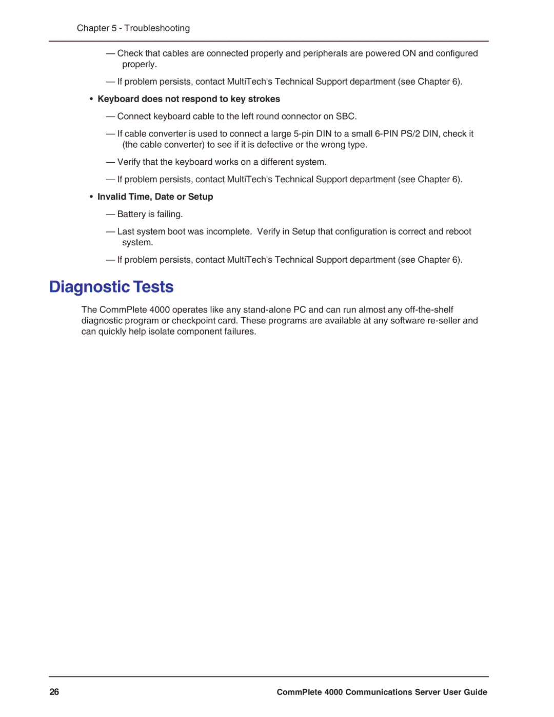 Multi-Tech Systems Hub manual Diagnostic Tests, Keyboard does not respond to key strokes, Invalid Time, Date or Setup 