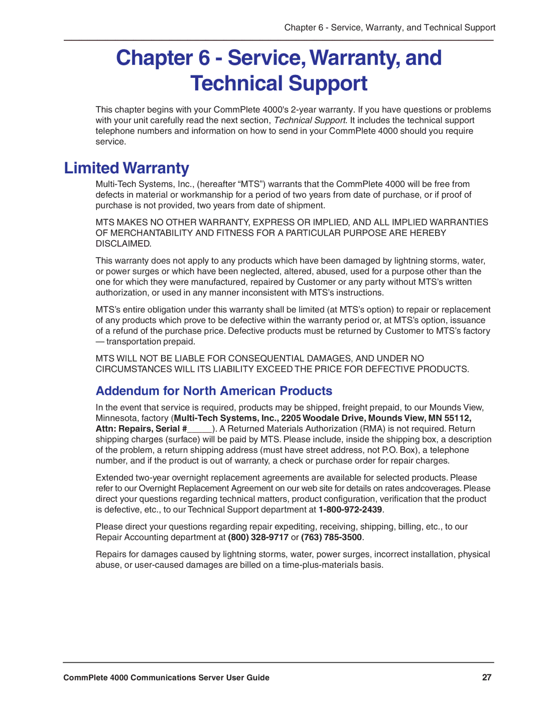 Multi-Tech Systems Hub manual Limited Warranty, Addendum for North American Products 