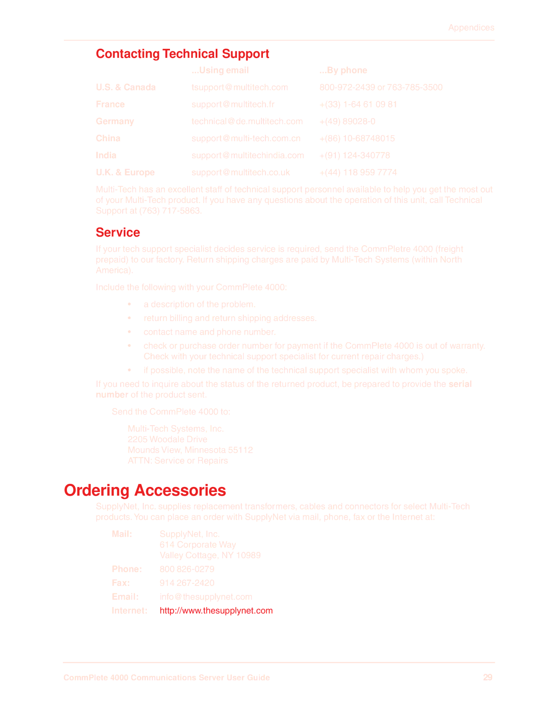 Multi-Tech Systems Hub manual Ordering Accessories, Contacting Technical Support, Service 