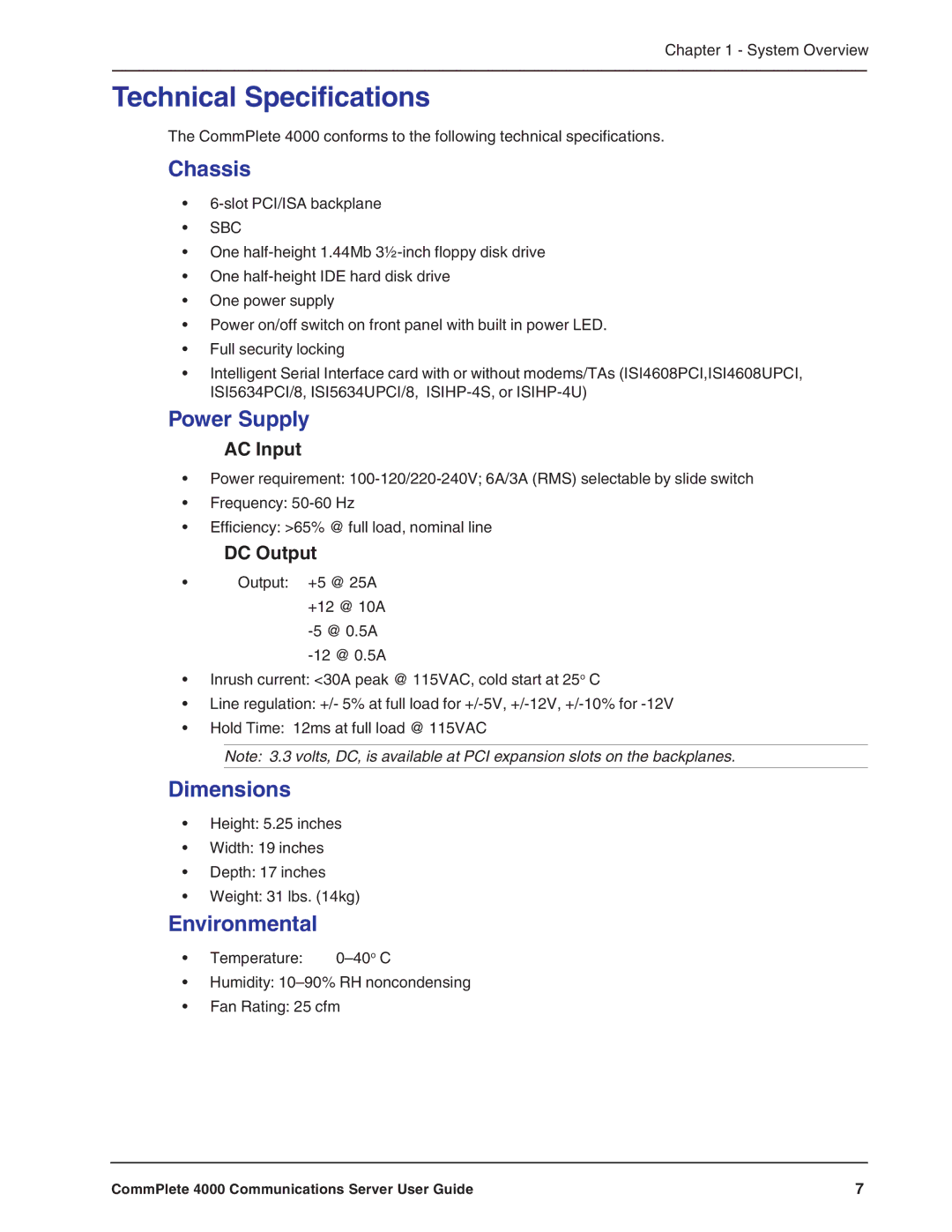 Multi-Tech Systems Hub manual Technical Specifications, Chassis, Power Supply, Dimensions, Environmental 