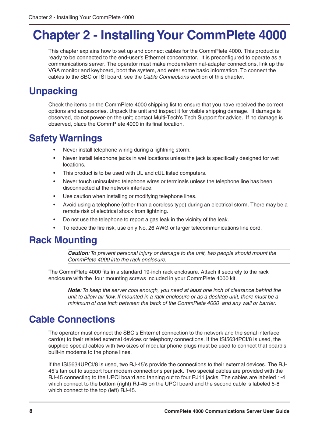 Multi-Tech Systems Hub manual Unpacking, Safety Warnings, Rack Mounting, Cable Connections 