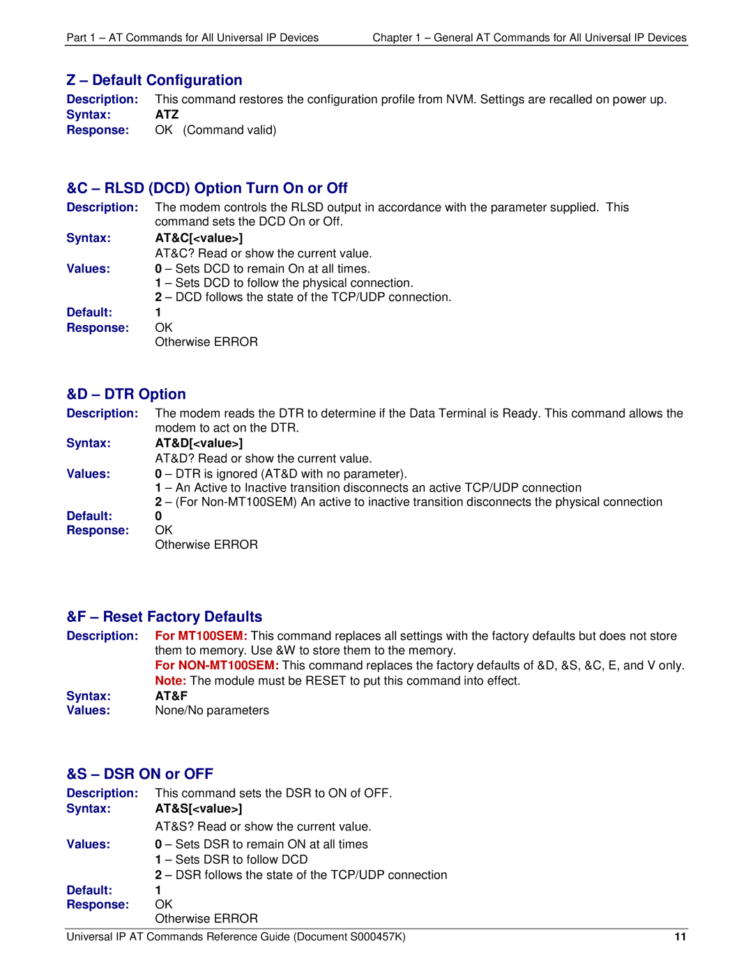 Multi-Tech Systems iCell GPRS (MTSMC-G2-IP manual Default Configuration, Rlsd DCD Option Turn On or Off, DTR Option 