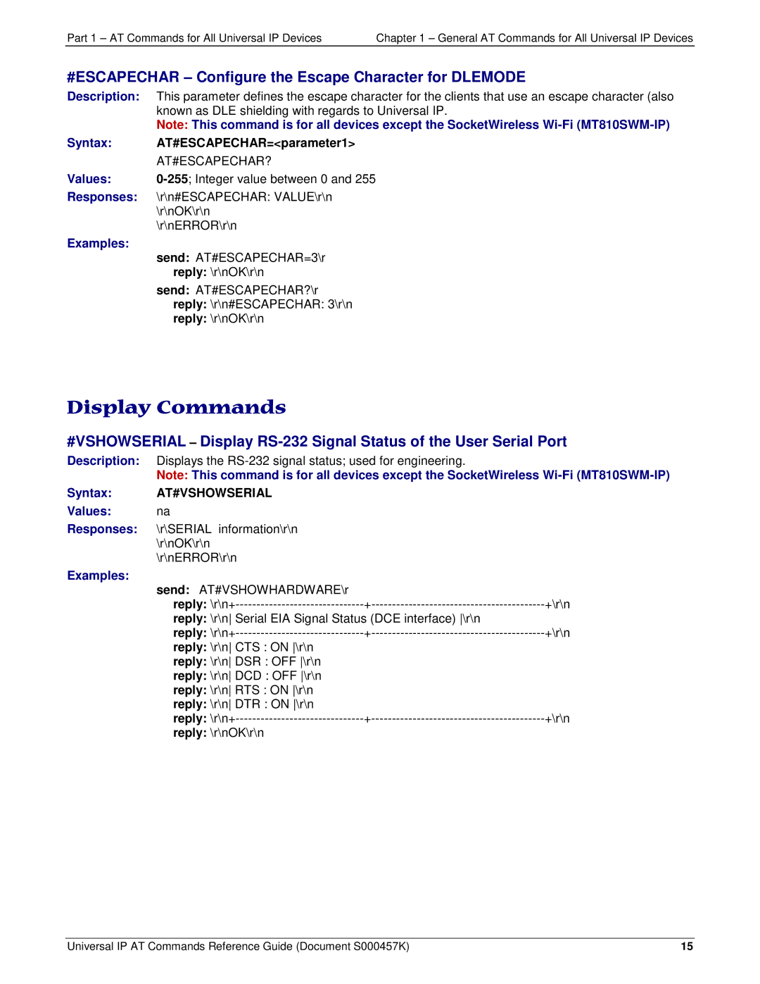 Multi-Tech Systems iCell GPRS (MTSMC-G2-IP manual Display Commands, #ESCAPECHAR Configure the Escape Character for Dlemode 