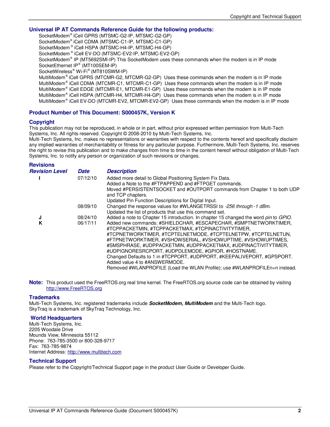 Multi-Tech Systems iCell GPRS (MTSMC-G2-IP manual Product Number of This Document S000457K, Version K, Copyright 