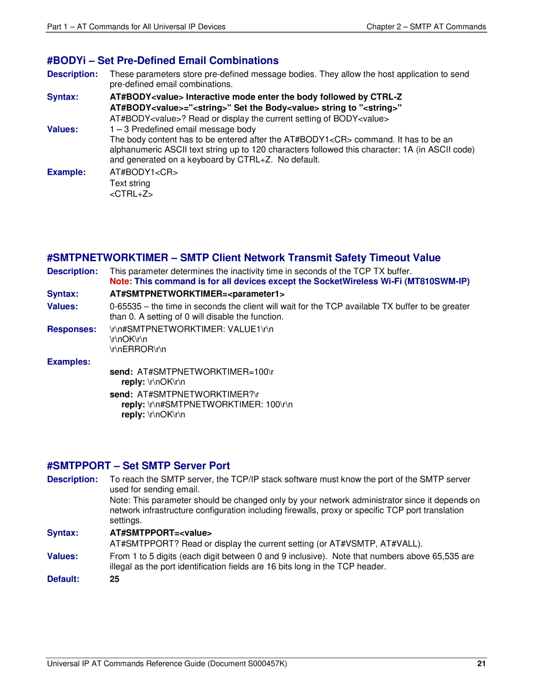 Multi-Tech Systems iCell GPRS (MTSMC-G2-IP manual #BODYi Set Pre-Defined Email Combinations, #SMTPPORT Set Smtp Server Port 