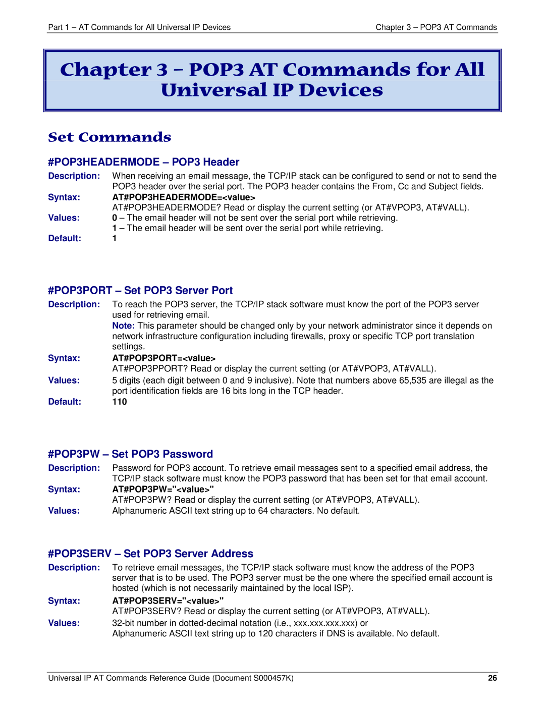 Multi-Tech Systems iCell GPRS (MTSMC-G2-IP POP3 AT Commands for All Universal IP Devices, #POP3HEADERMODE POP3 Header 