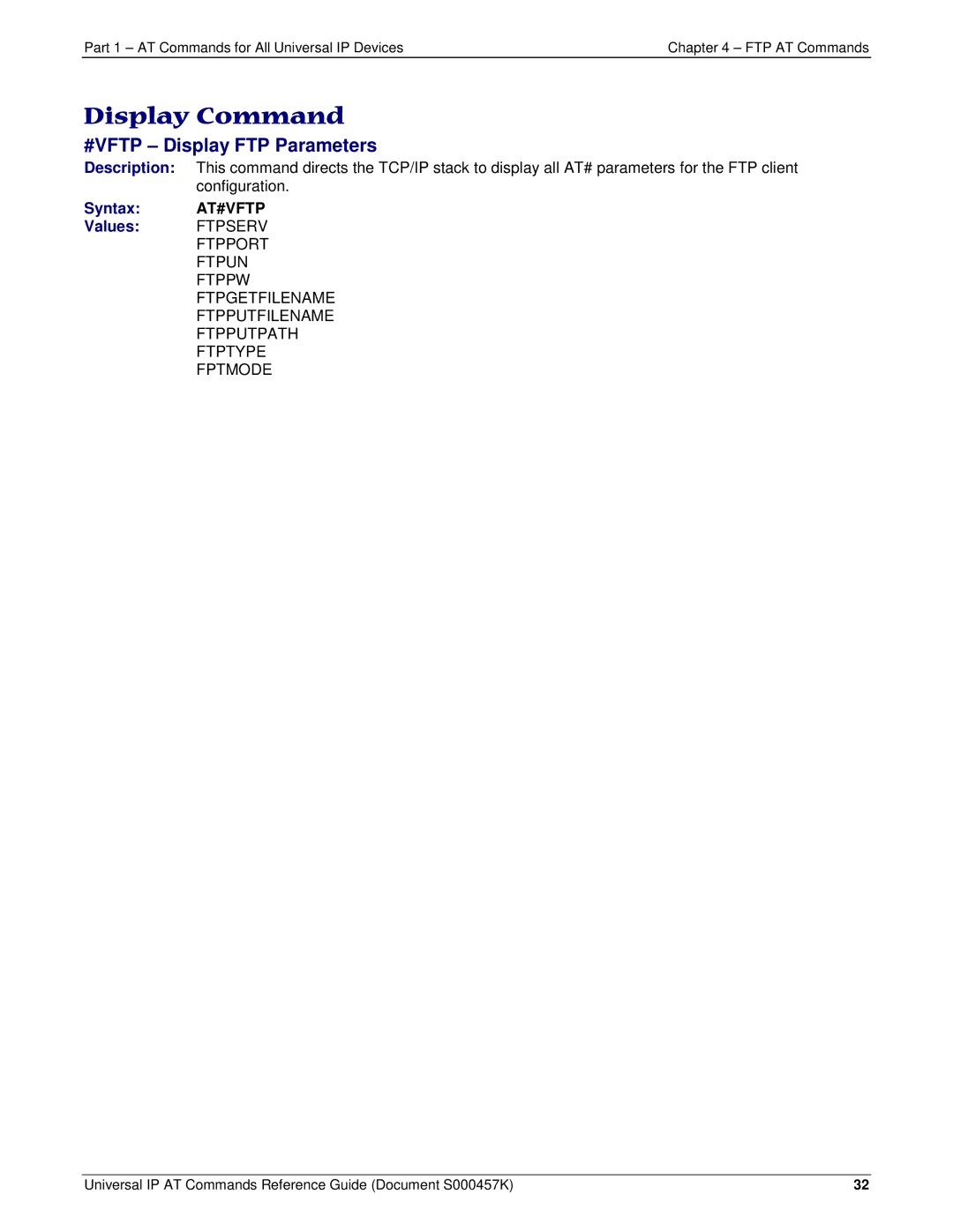 Multi-Tech Systems iCell GPRS (MTSMC-G2-IP manual #VFTP Display FTP Parameters, Syntax AT#VFTP Values Ftpserv 