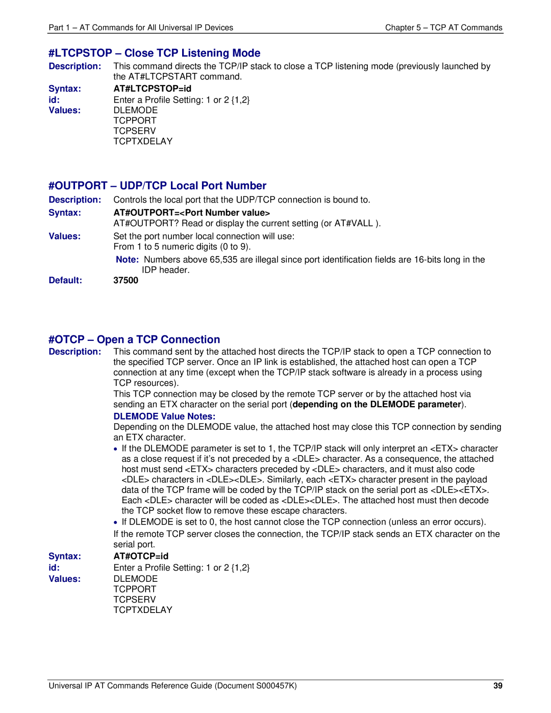 Multi-Tech Systems iCell GPRS (MTSMC-G2-IP manual #LTCPSTOP Close TCP Listening Mode, #OUTPORT UDP/TCP Local Port Number 