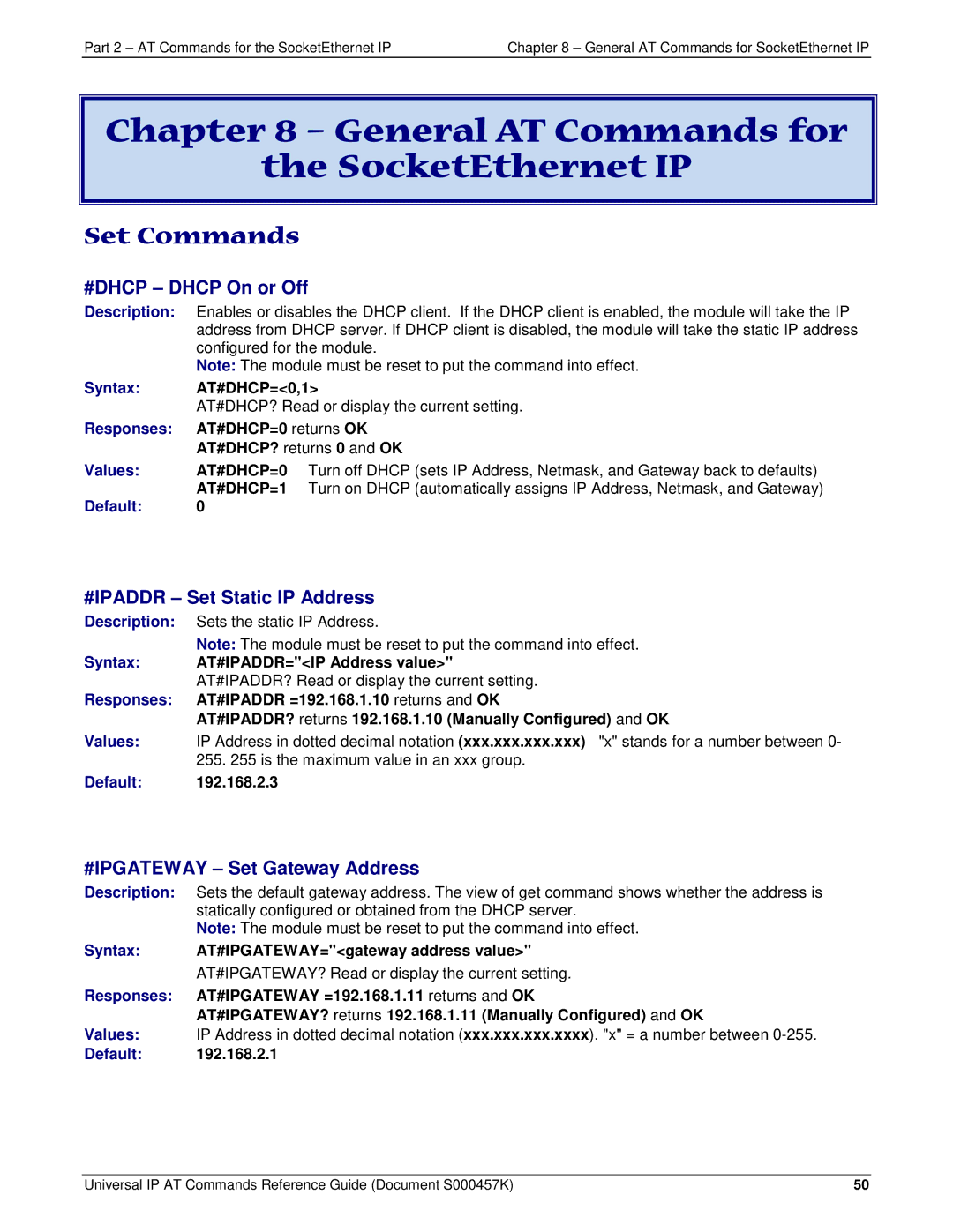 Multi-Tech Systems iCell GPRS (MTSMC-G2-IP manual General AT Commands for SocketEthernet IP, #DHCP Dhcp On or Off 