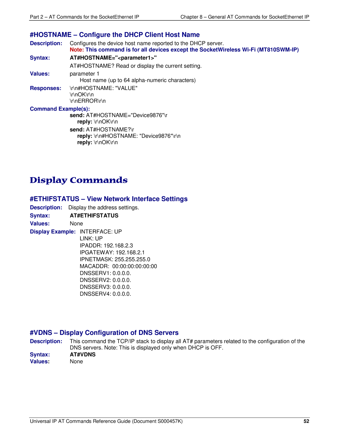 Multi-Tech Systems iCell GPRS (MTSMC-G2-IP manual #HOSTNAME Configure the Dhcp Client Host Name, Syntax AT#VDNS Values None 