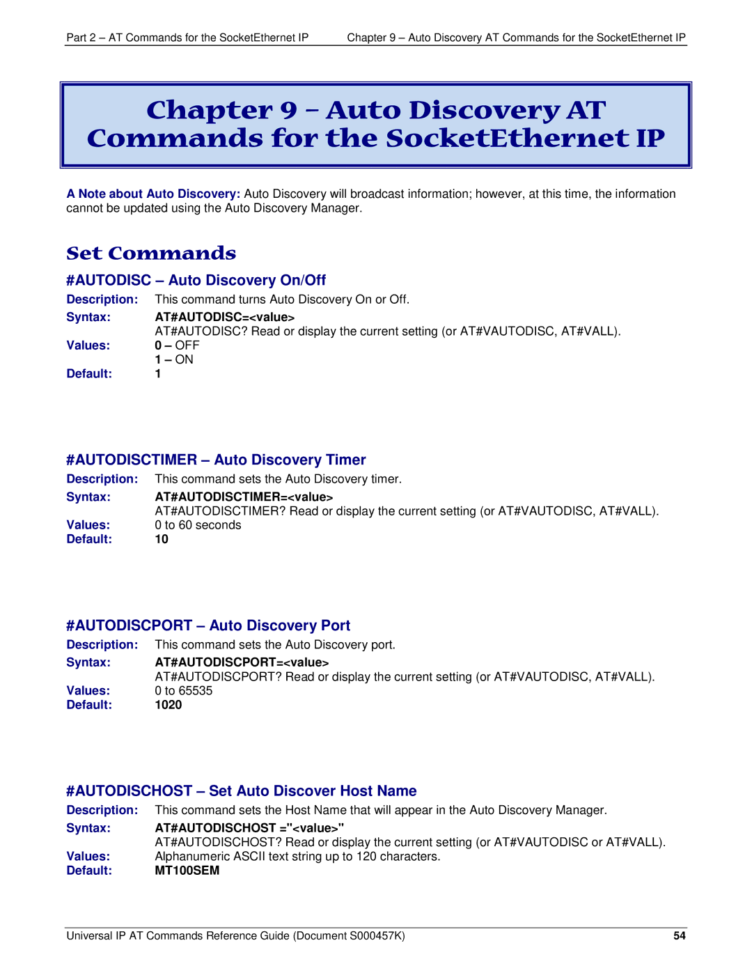 Multi-Tech Systems iCell GPRS (MTSMC-G2-IP manual Auto Discovery AT Commands for the SocketEthernet IP 