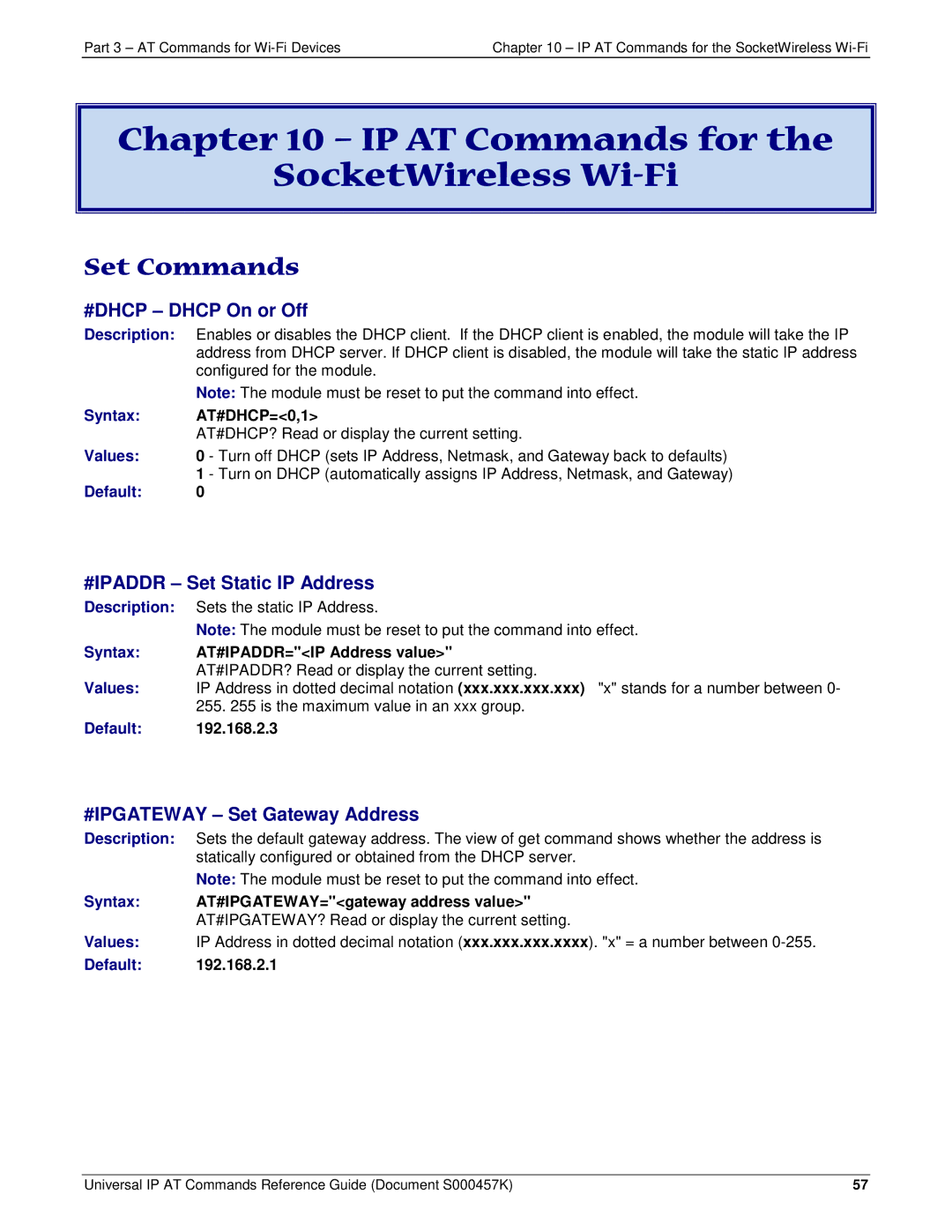 Multi-Tech Systems iCell GPRS (MTSMC-G2-IP manual IP AT Commands for SocketWireless Wi-Fi, Set Commands 