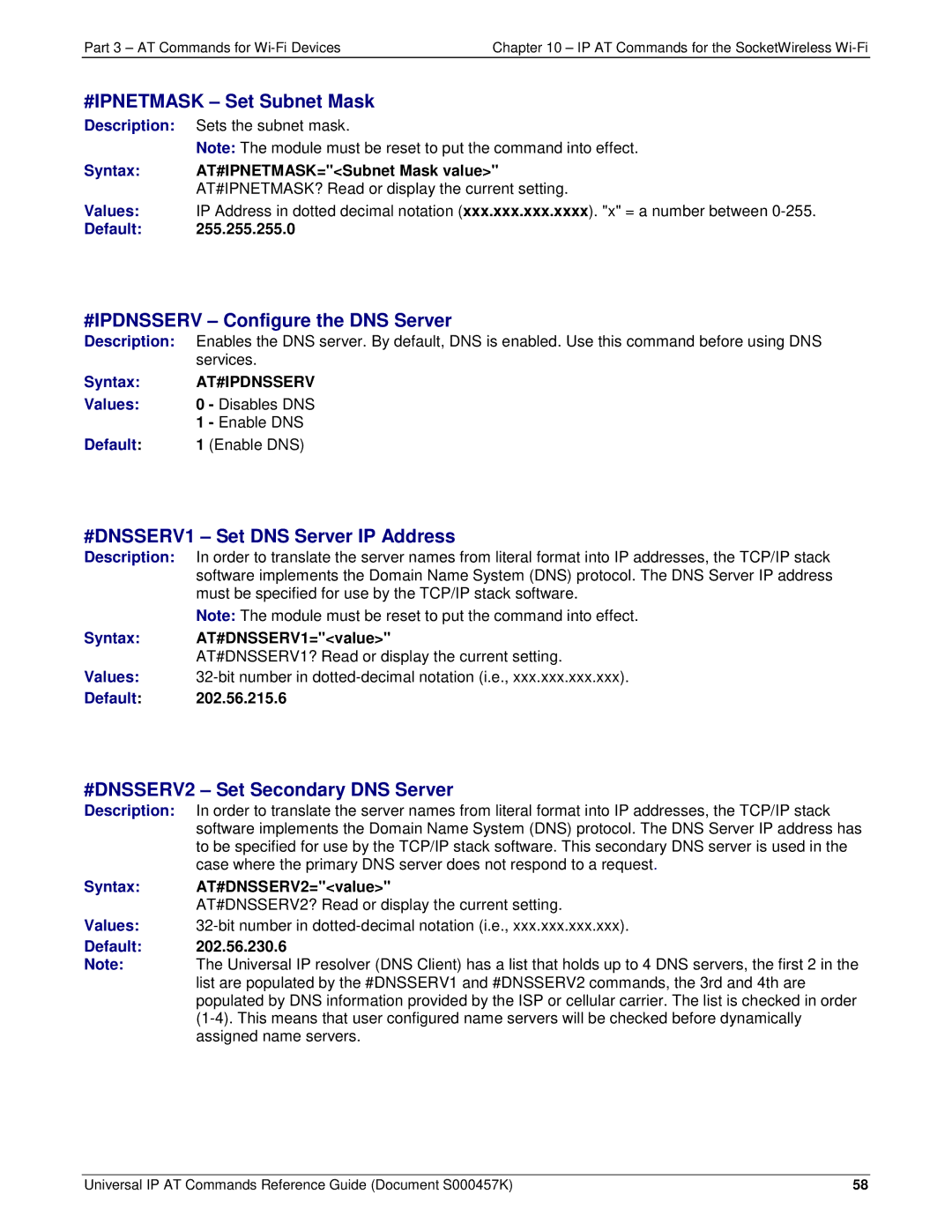 Multi-Tech Systems iCell GPRS (MTSMC-G2-IP #IPDNSSERV Configure the DNS Server, At#Ipdnsserv, Disables DNS, Enable DNS 