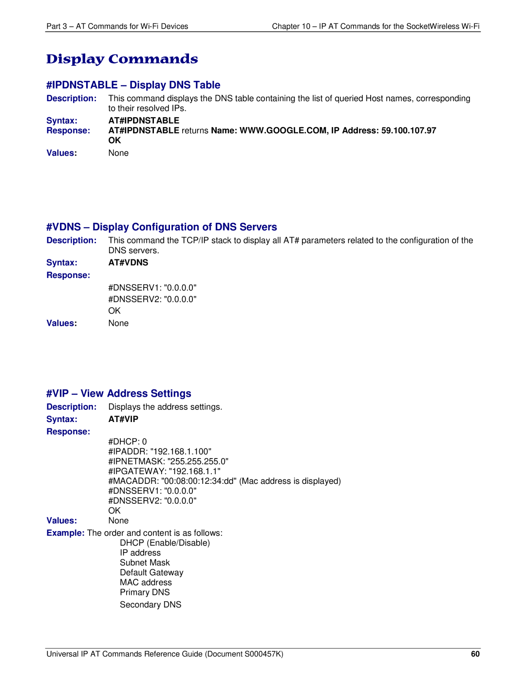 Multi-Tech Systems iCell GPRS (MTSMC-G2-IP #IPDNSTABLE Display DNS Table, At#Ipdnstable, Response Values, Syntax AT#VDNS 