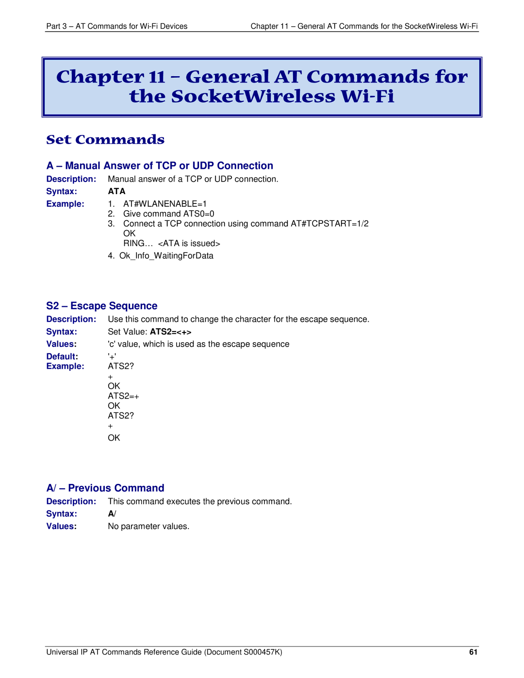 Multi-Tech Systems iCell GPRS (MTSMC-G2-IP manual General AT Commands for SocketWireless Wi-Fi, S2 Escape Sequence, Ata 