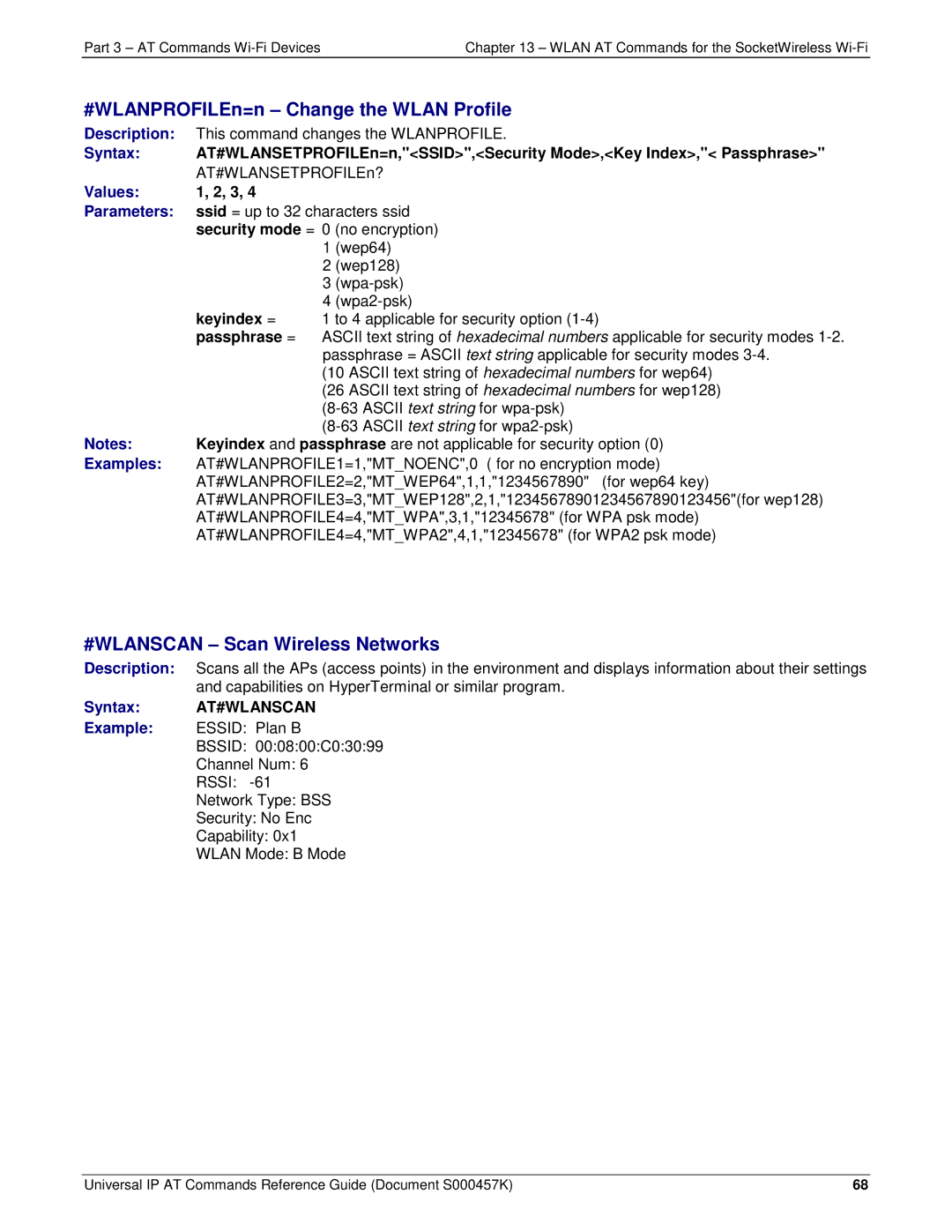 Multi-Tech Systems iCell GPRS (MTSMC-G2-IP manual #WLANPROFILEn=n Change the Wlan Profile, #WLANSCAN Scan Wireless Networks 