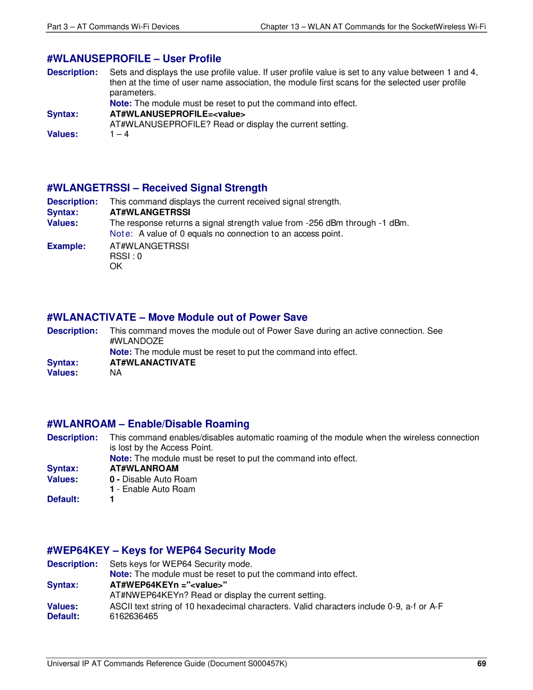 Multi-Tech Systems iCell GPRS (MTSMC-G2-IP manual #WLANUSEPROFILE User Profile, #WLANGETRSSI Received Signal Strength 