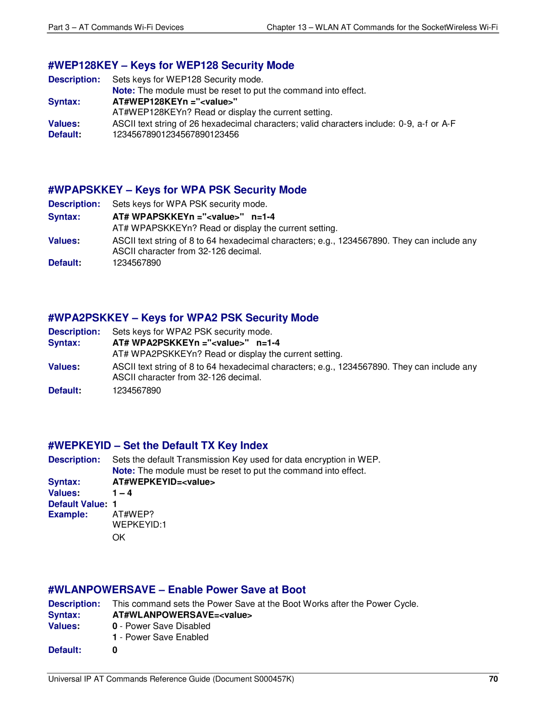 Multi-Tech Systems iCell GPRS (MTSMC-G2-IP manual #WEP128KEY Keys for WEP128 Security Mode 