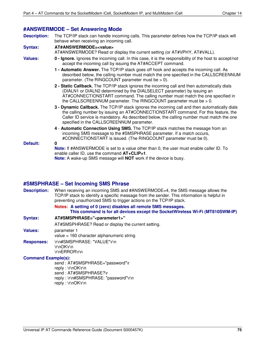 Multi-Tech Systems iCell GPRS (MTSMC-G2-IP manual #ANSWERMODE Set Answering Mode, #SMSPHRASE Set Incoming SMS Phrase 