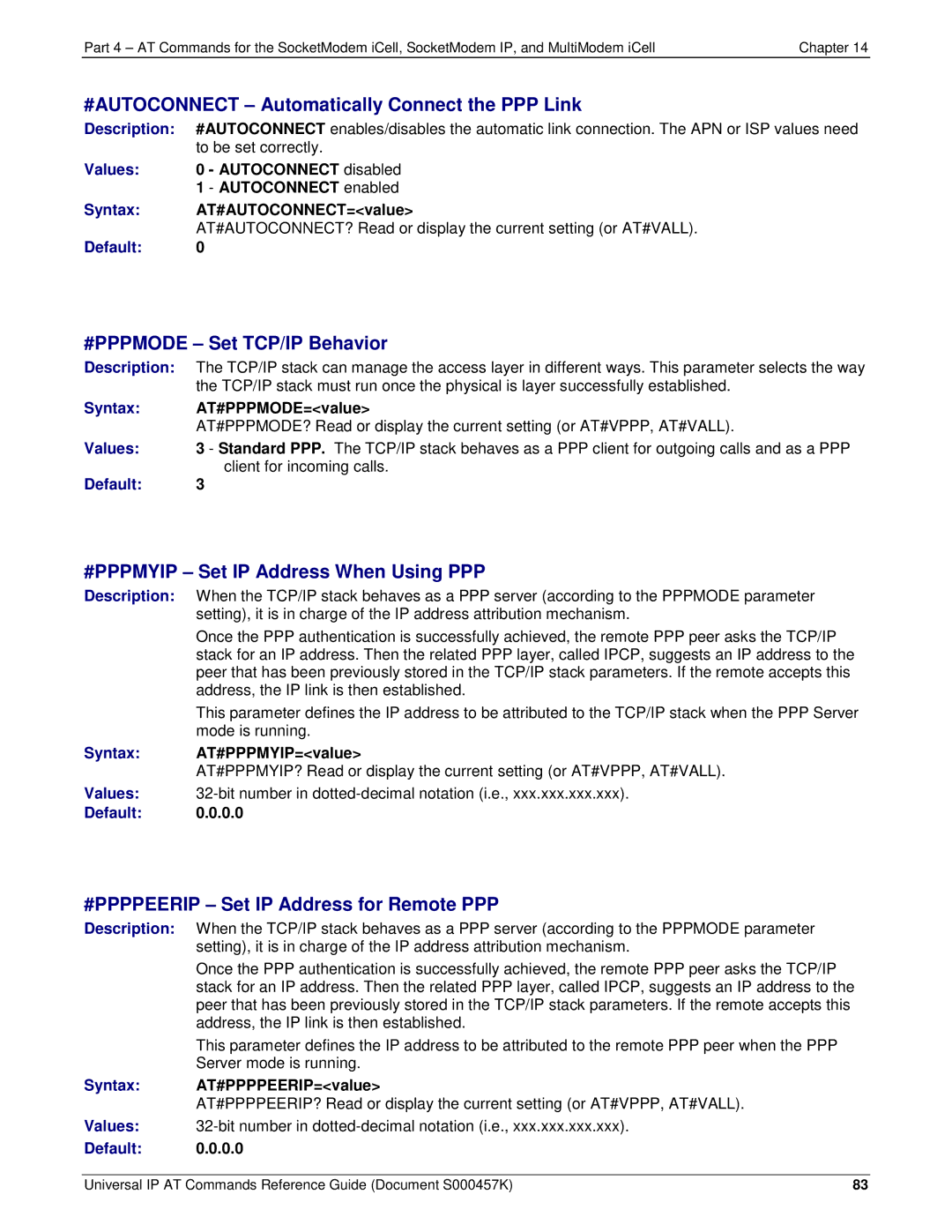 Multi-Tech Systems iCell GPRS (MTSMC-G2-IP #AUTOCONNECT Automatically Connect the PPP Link, #PPPMODE Set TCP/IP Behavior 