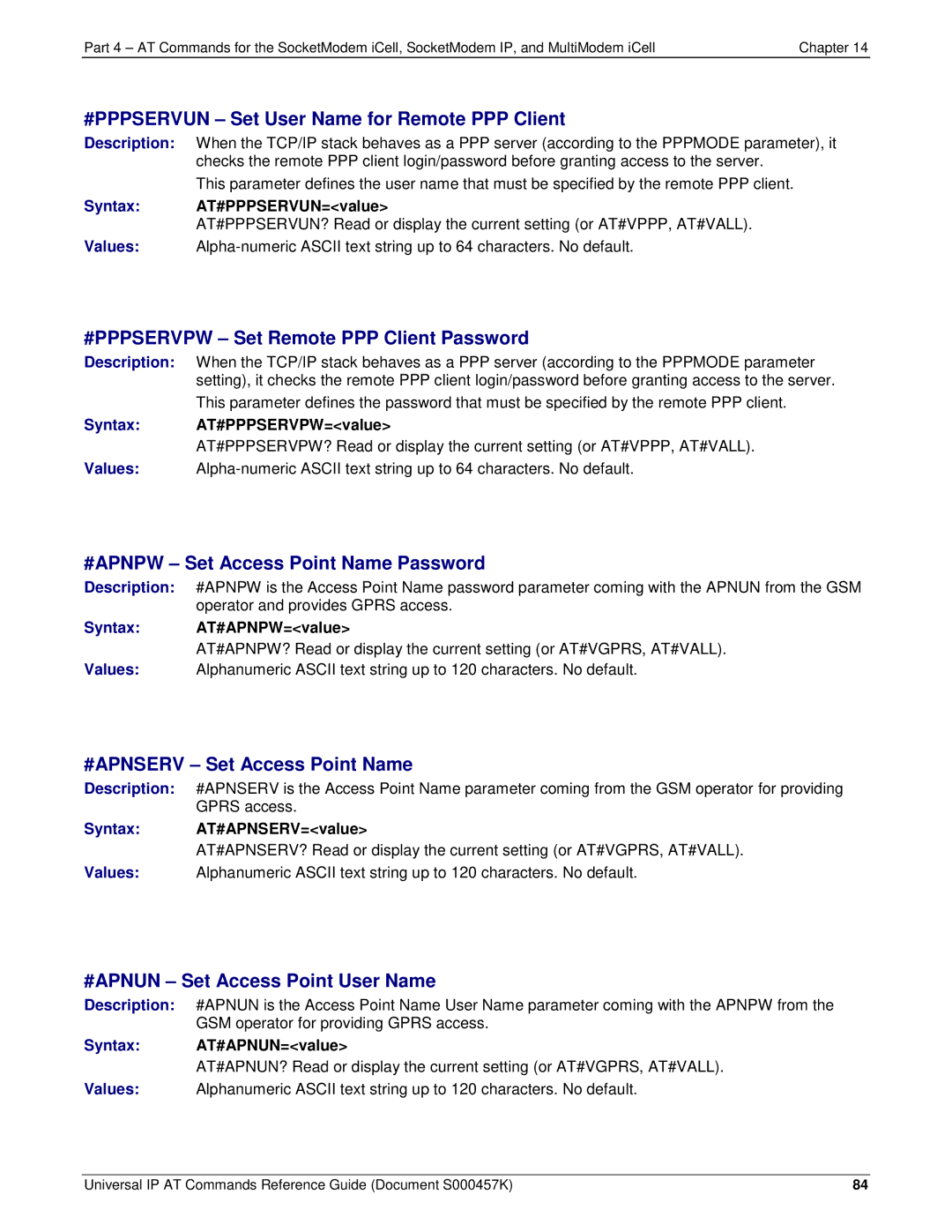 Multi-Tech Systems iCell GPRS (MTSMC-G2-IP #PPPSERVUN Set User Name for Remote PPP Client, #APNSERV Set Access Point Name 