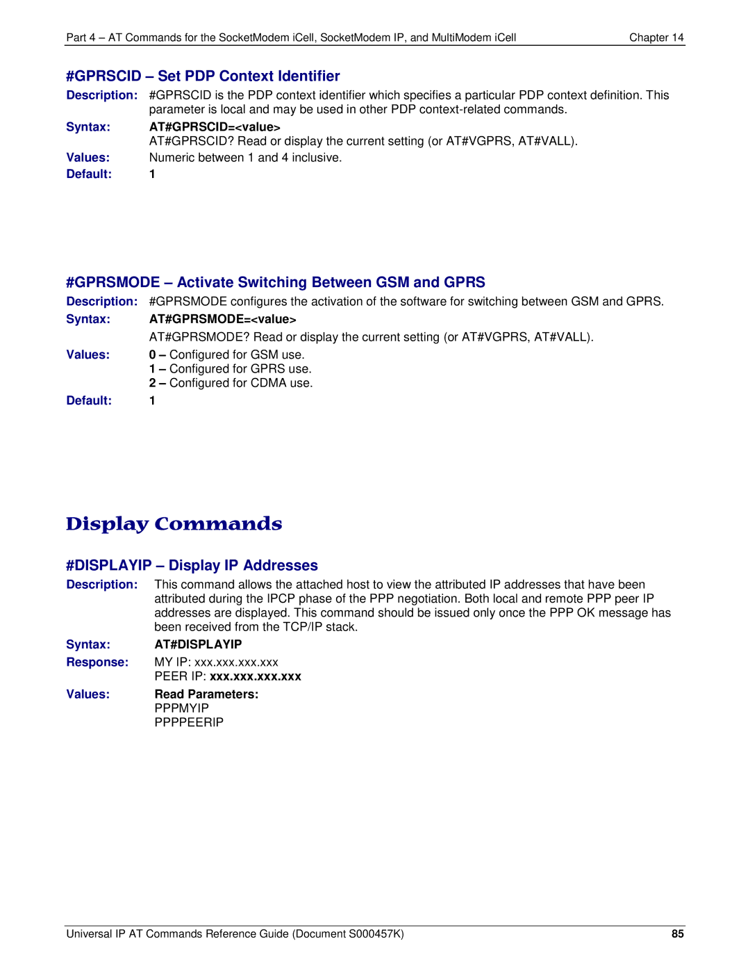 Multi-Tech Systems iCell GPRS (MTSMC-G2-IP manual #GPRSCID Set PDP Context Identifier, #DISPLAYIP Display IP Addresses 