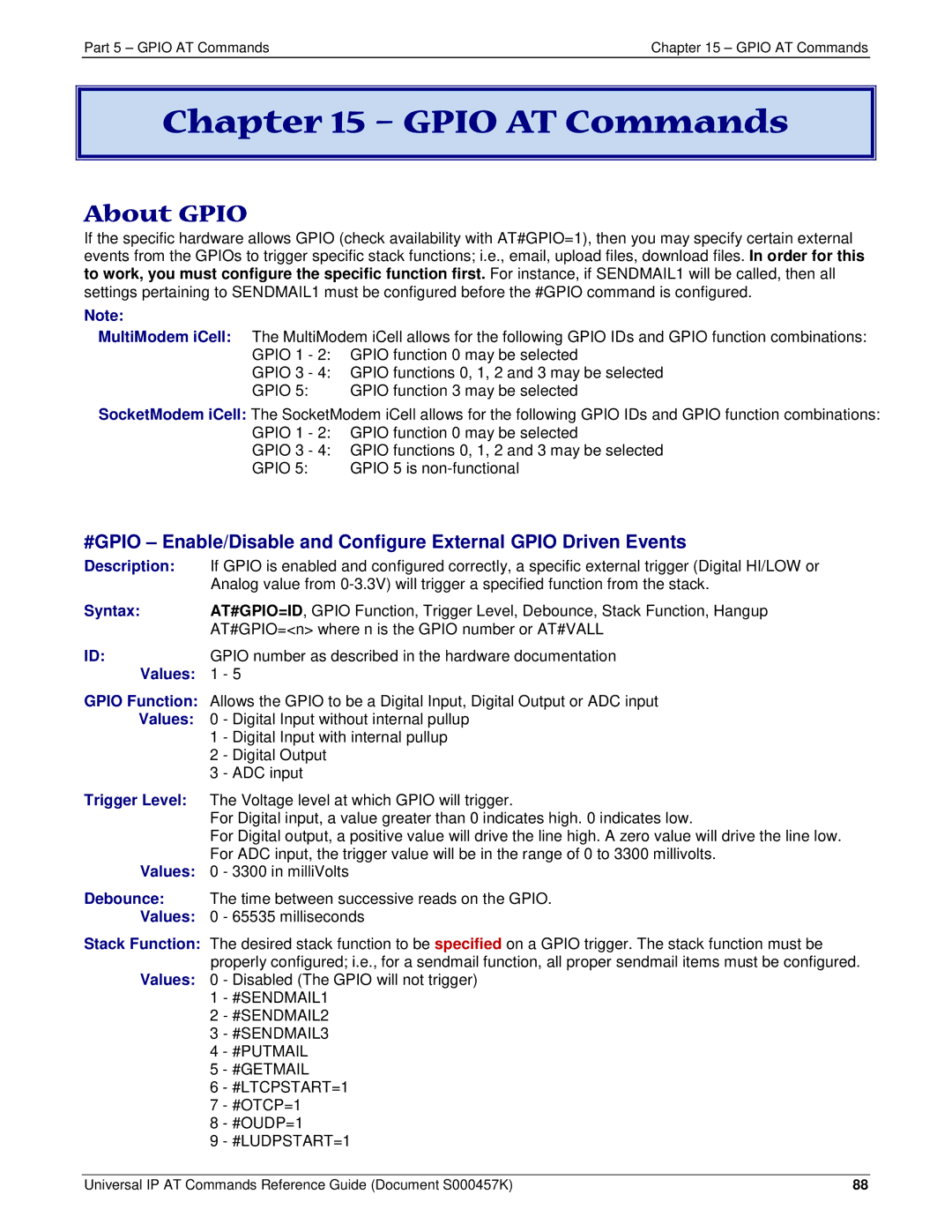 Multi-Tech Systems iCell GPRS (MTSMC-G2-IP Gpio AT Commands, About Gpio, Values Gpio Function, Trigger Level, Debounce 