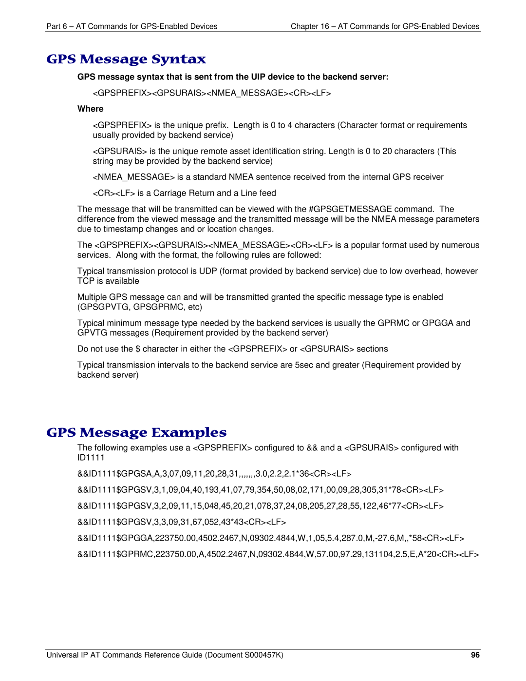 Multi-Tech Systems iCell GPRS (MTSMC-G2-IP GPS Message Syntax, GPS Message Examples, Gpsprefixgpsuraisnmeamessagecrlf 