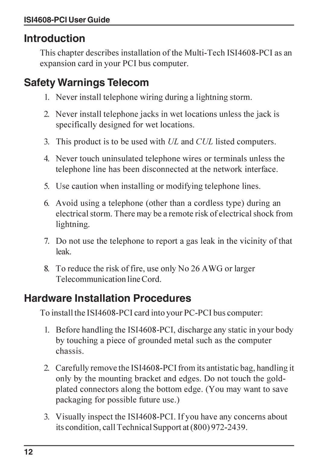 Multi-Tech Systems ISI4608-PCI manual Introduction, Safety Warnings Telecom, Hardware Installation Procedures 