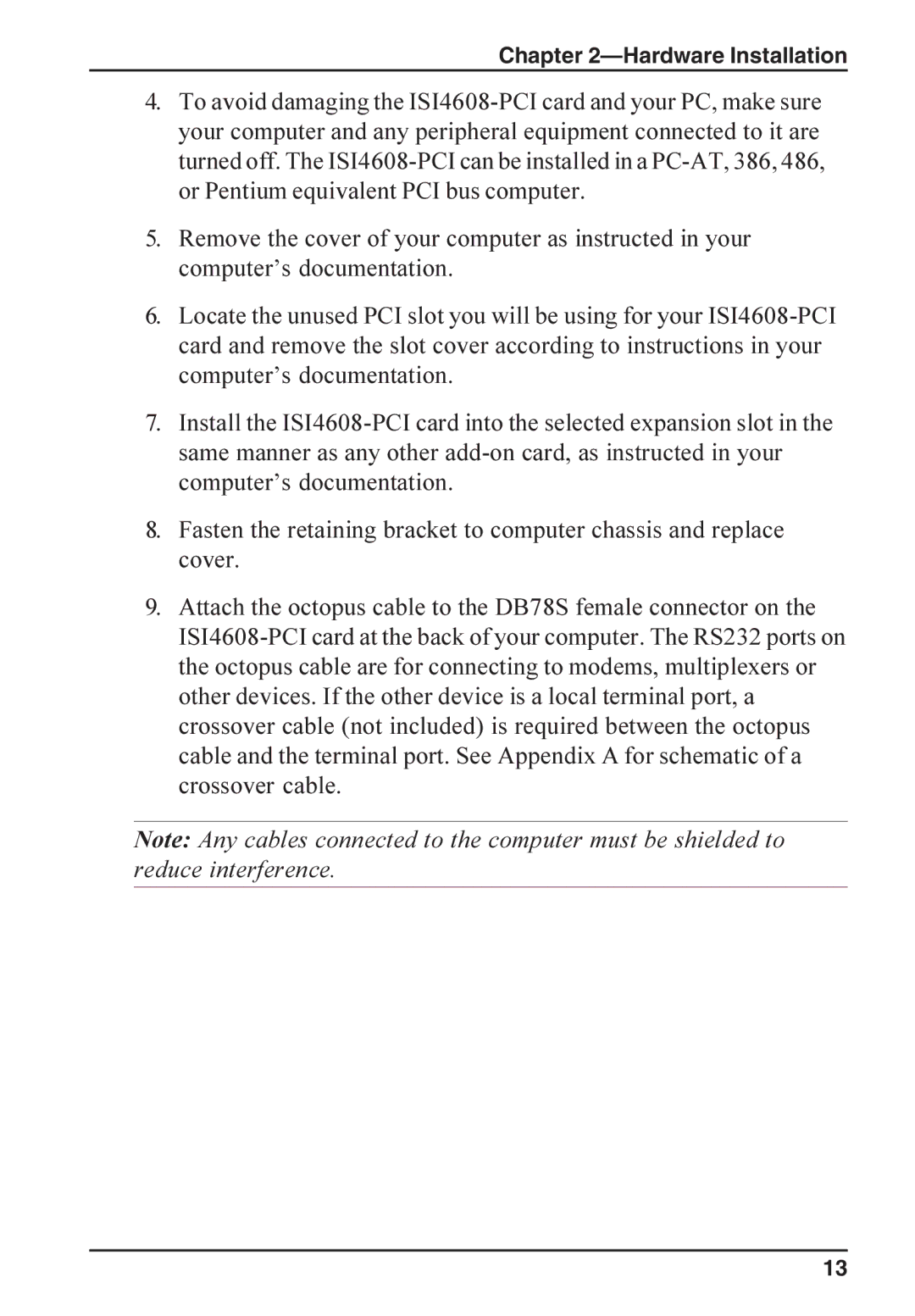 Multi-Tech Systems ISI4608-PCI manual Hardware Installation 