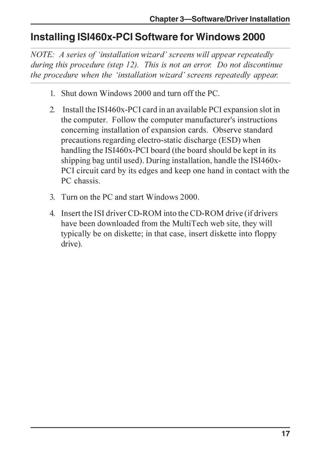 Multi-Tech Systems ISI4608-PCI manual Installing ISI460x-PCI Software for Windows 