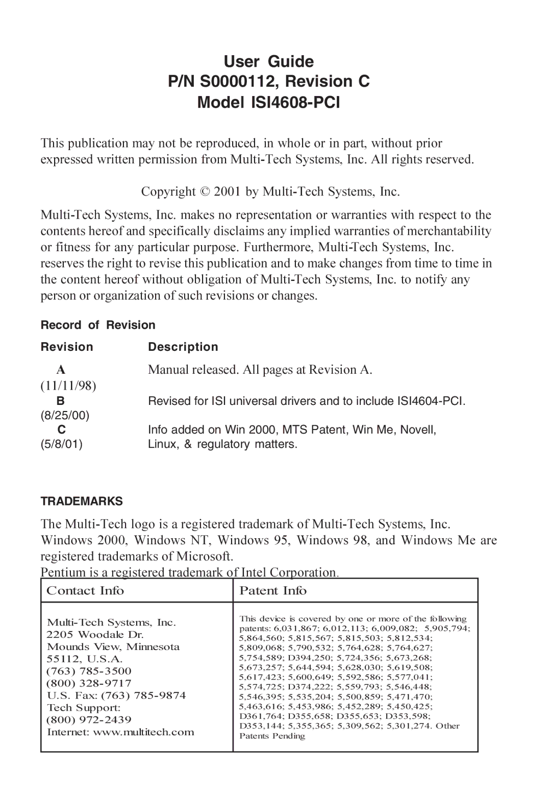 Multi-Tech Systems manual User Guide S0000112, Revision C Model ISI4608-PCI 