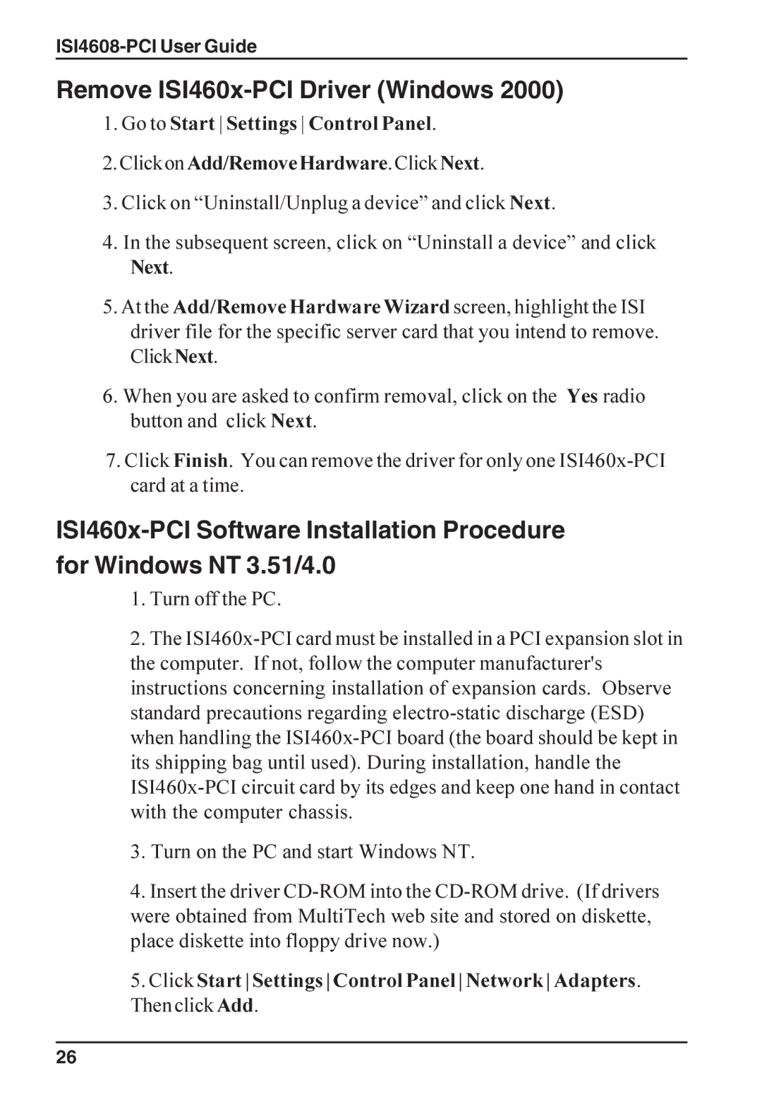 Multi-Tech Systems ISI4608-PCI manual Remove ISI460x-PCI Driver Windows 