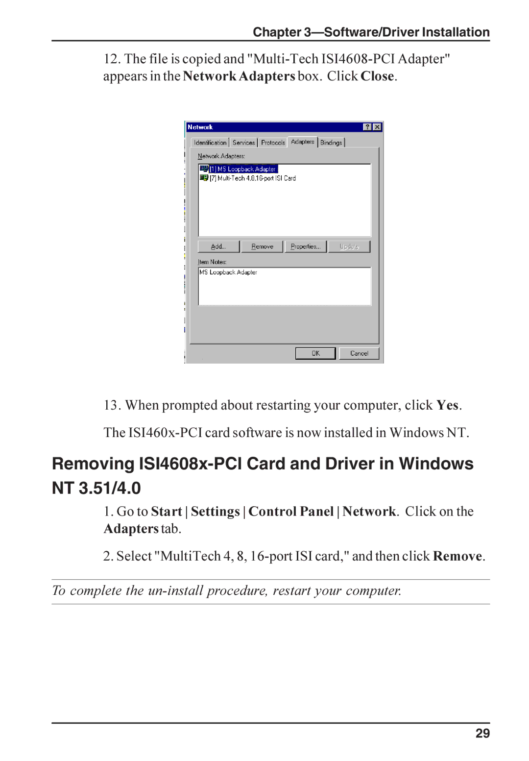 Multi-Tech Systems ISI4608-PCI manual Removing ISI4608x-PCI Card and Driver in Windows NT 3.51/4.0 