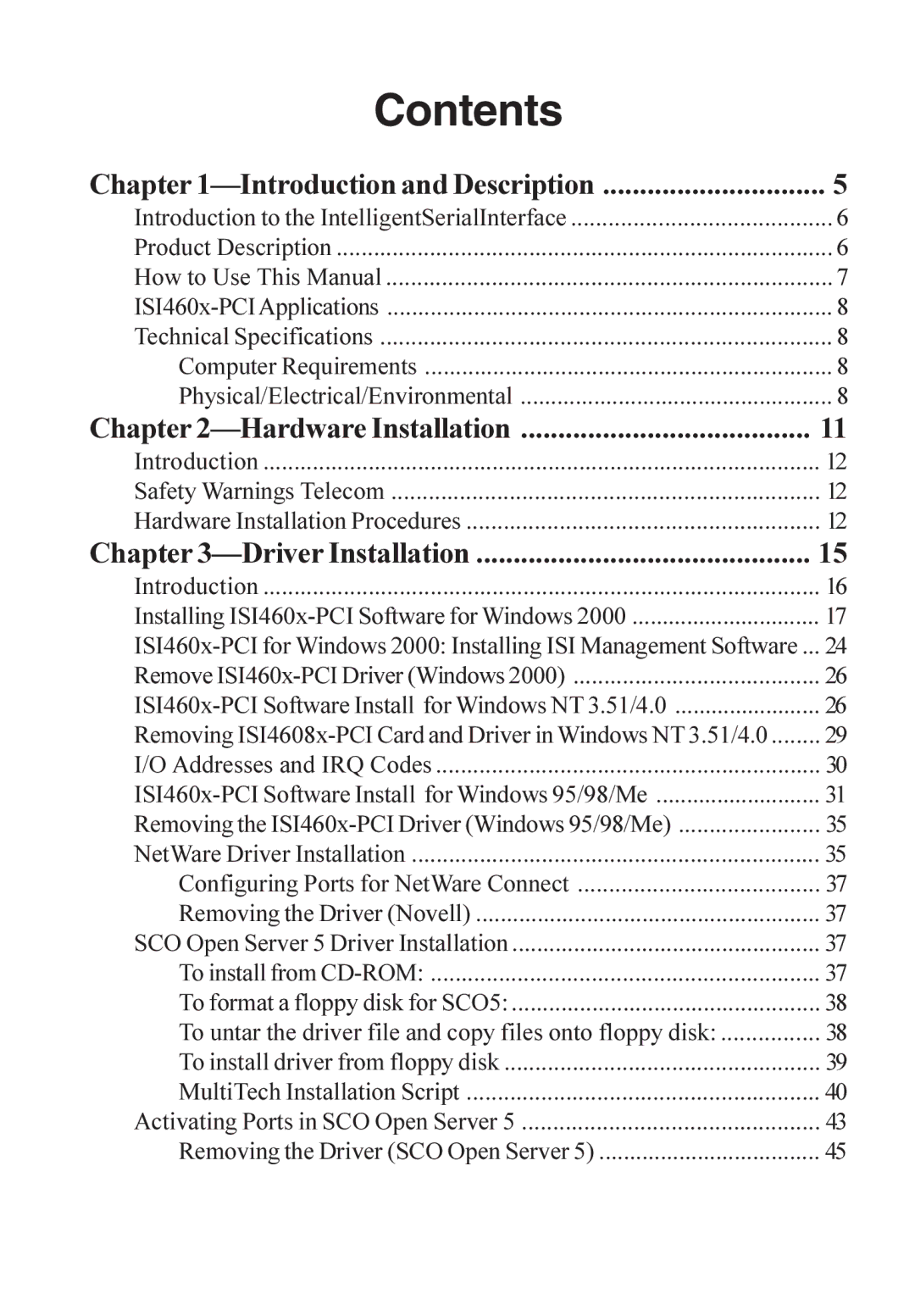 Multi-Tech Systems ISI4608-PCI manual Contents 