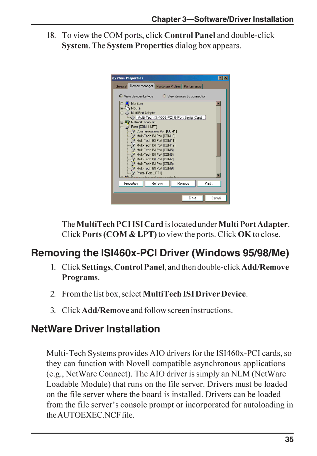 Multi-Tech Systems ISI4608-PCI manual Removing the ISI460x-PCI Driver Windows 95/98/Me, NetWare Driver Installation 